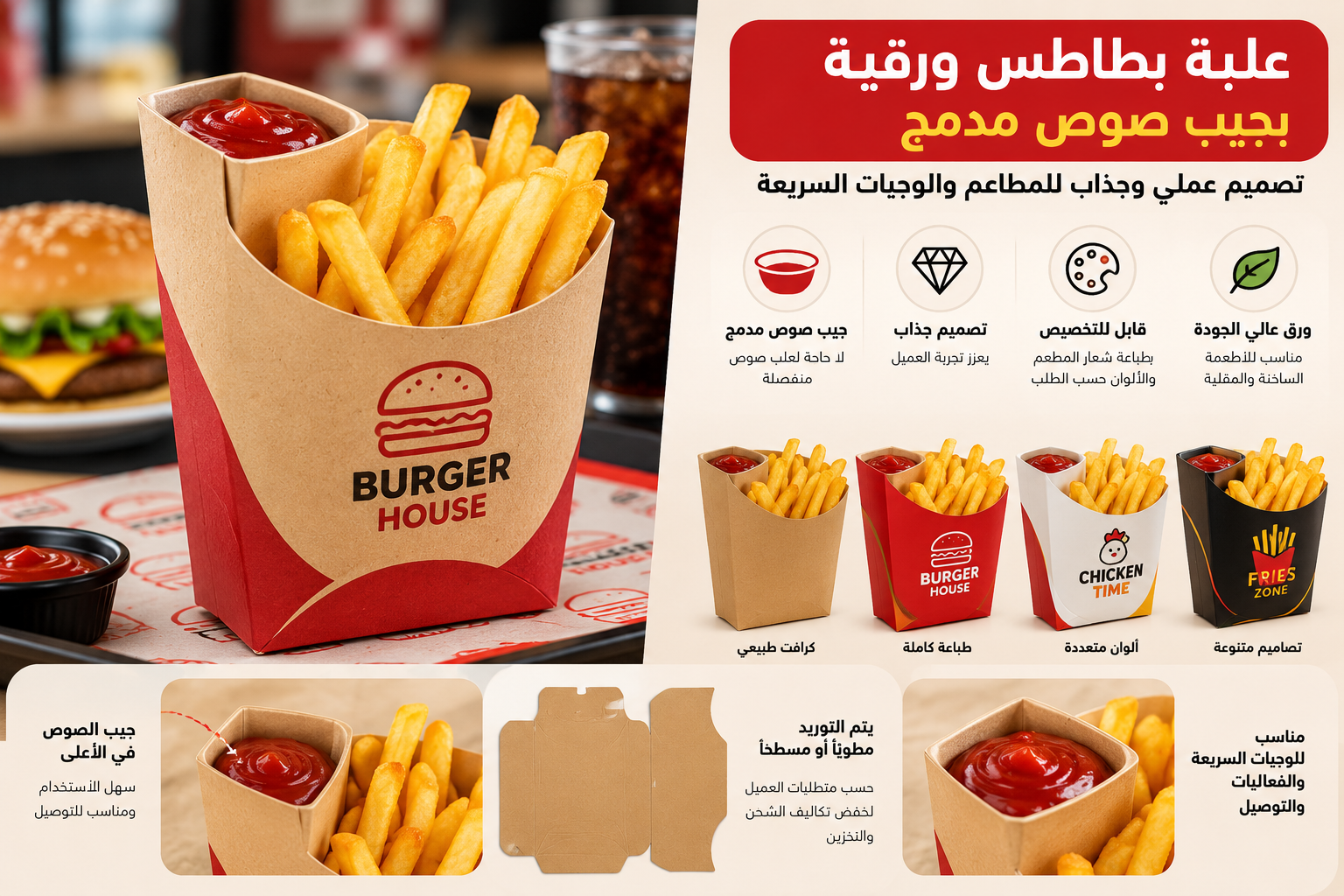 صورة توضيحية لعلبة بطاطس ورقية بجيب صوص مدمج ضمن خيارات التوريد حسب الطلب